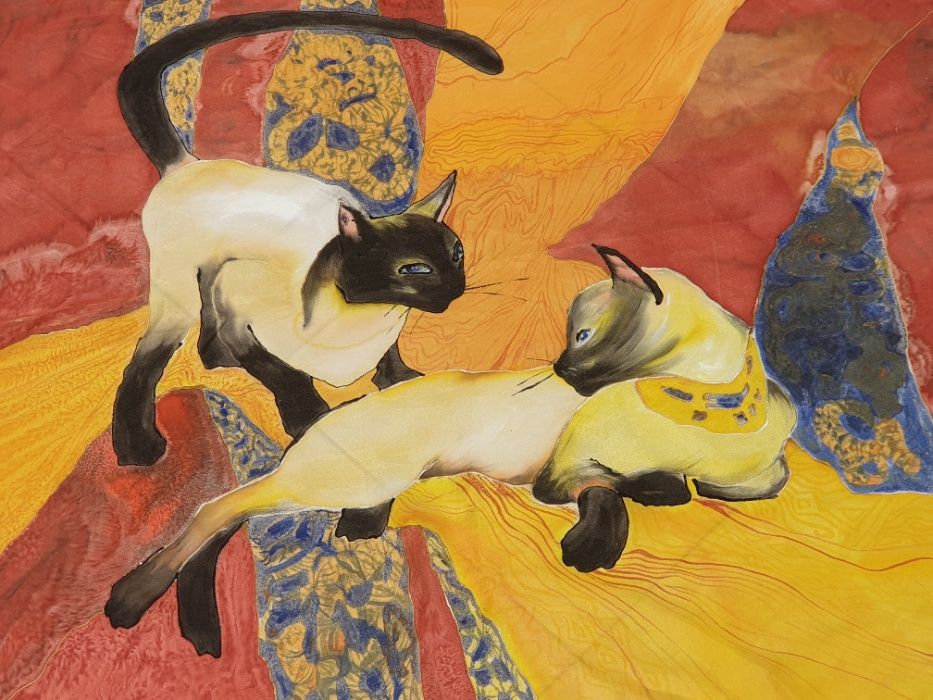 кърпичка, рисувана върху коприна . Сиамски котки.Красив подарък. любов