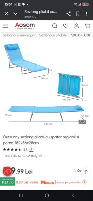 Sezlong plaja albastru Aosom