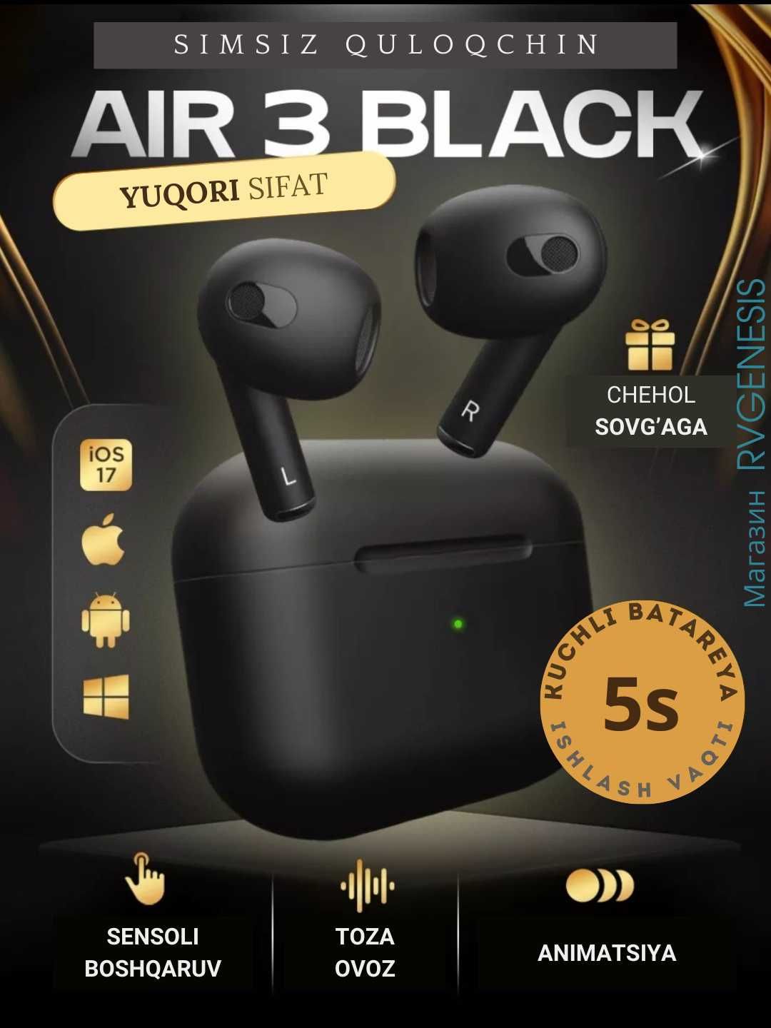 Беспровадные наушники Airpods 3 Премиум/Simsiz quloqchin Premium Black