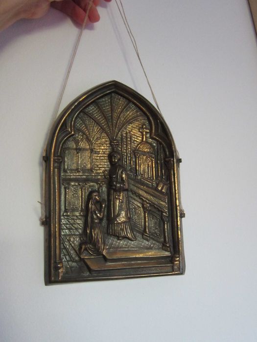 cadou rar bronz semnat, relief tema religioasa