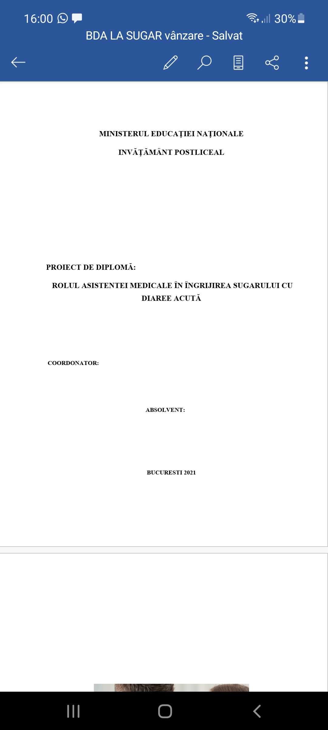 Proiect diplomă: Îngrijirea sugarului cu boală diareică acută