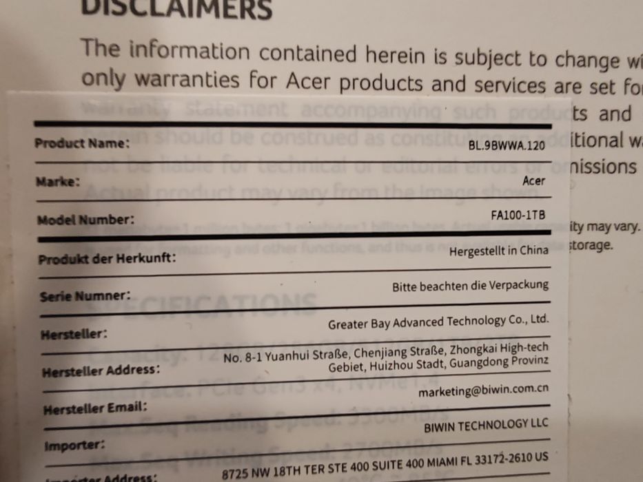 Ssd Acer fa100 ssd  1 tb pcie gen 3 x 3 m.2