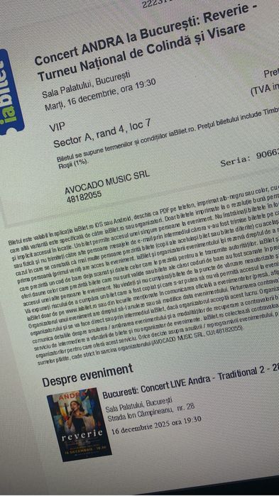 Vand 4 bilete VIP Andra Bucuresti 16 decembrie
