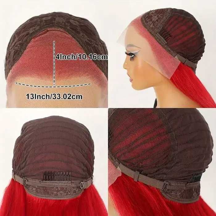 Ярко червена лейс фронт права перука с дантела