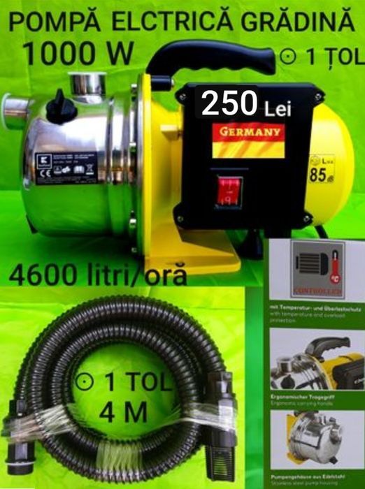 POMPĂ ELECTRICĂ INOX 1000 W Germania Pt grădina NOUĂ + FURTUN- 275 Lei