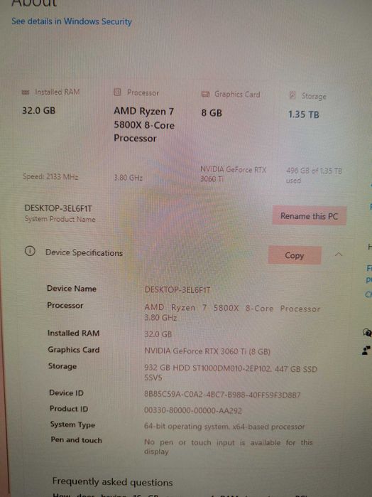 PC - AMD Ryzen 7 5800X 16GB, 32Gb Mem, NVIDIA GeForce RTX 3060 Ti 8GB