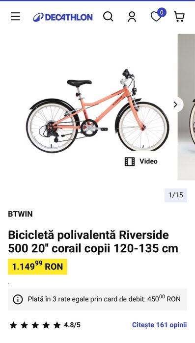 Bicicleta polivalenta Riverside 500 24” roz prntru copii 135-150 cm