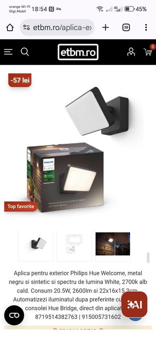 Aplica pentru exterior Philips Hue Welcome Wall light, metal negru