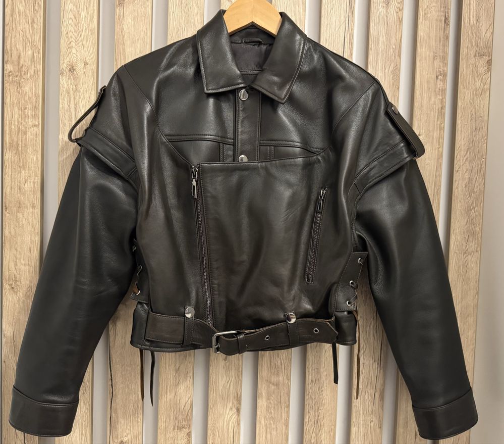 Geaca din piele naturală, aspect vintage, oversized, maneci detasabile