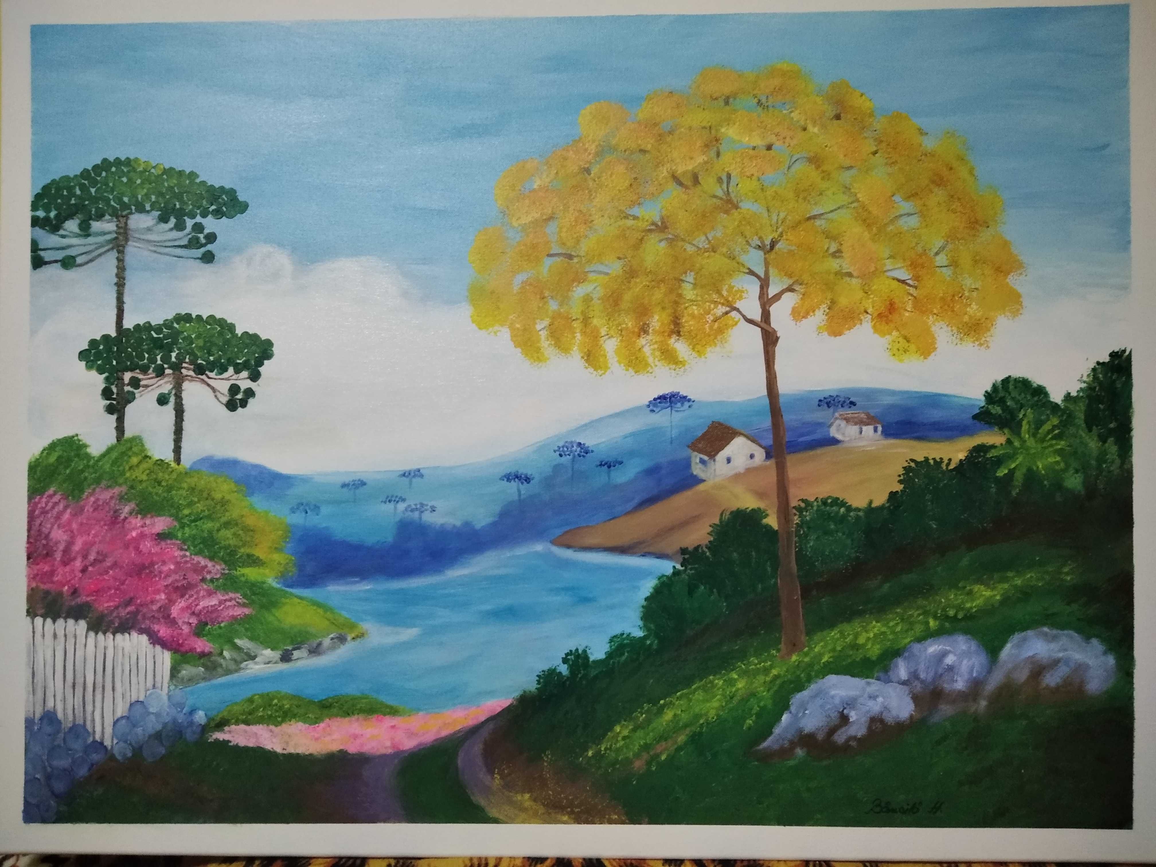 Tablou cu peisaj exotic mare , pictura handmade , in culori acrilice