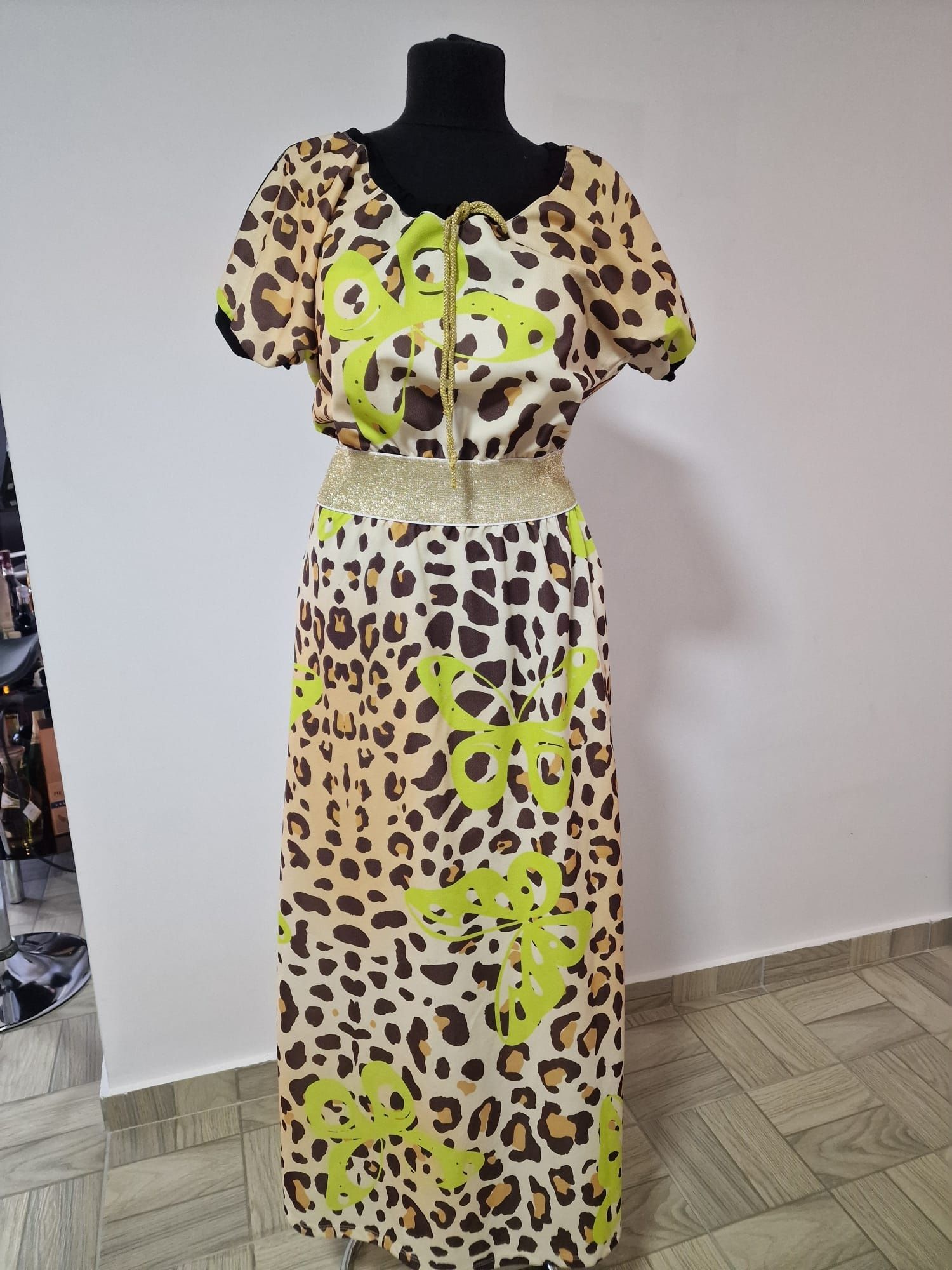 Rochie lunga animal print, cu banda elastica in talie si buzunare