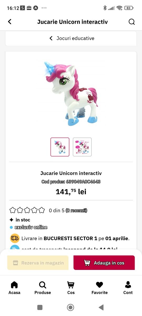 Jucarie interactiva unicorn