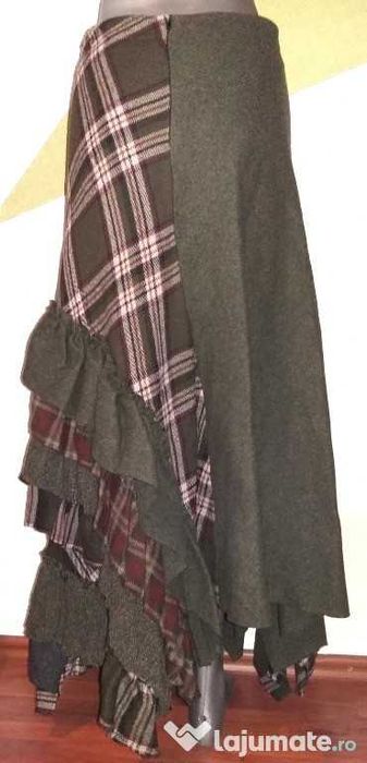 Fusta PatchWork superba lana kaki cadrilata franjurata asimetrica