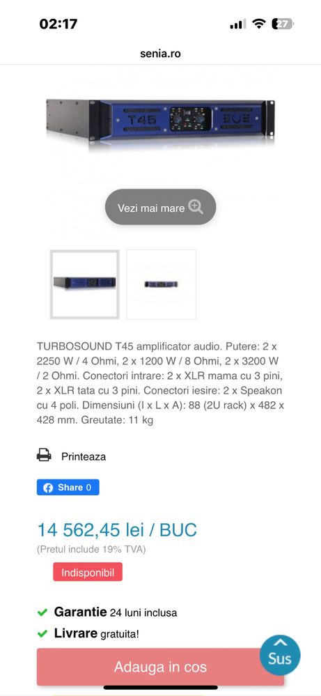 Turbosound T45 2x2250w in 4 ohmi schimb cu l2800fd/l3600fd