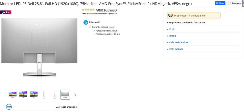 Monitor LED IPS Dell 23.8" 75Hz, HDMI, FreeSync