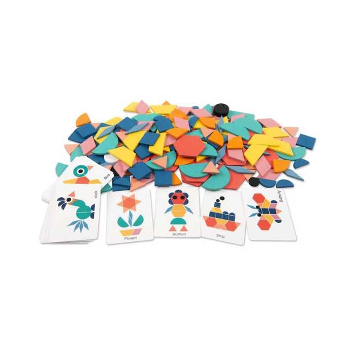 Joc educativ Tangram cu 180 piese multicolore si 48 ilustratii