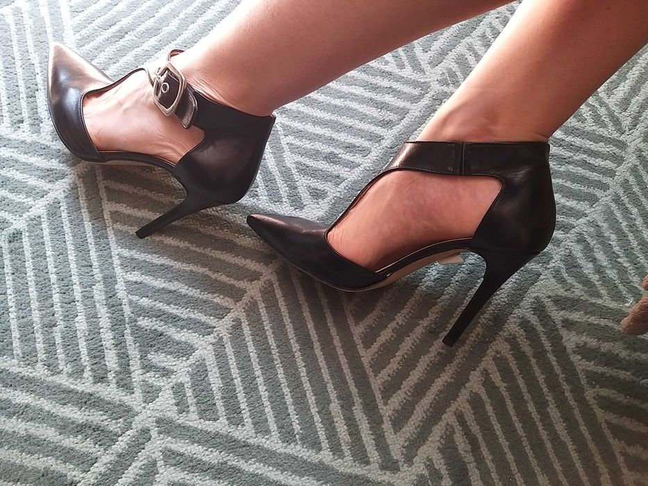 Pantofi piele negri, 39, toc stiletto, cu bareta