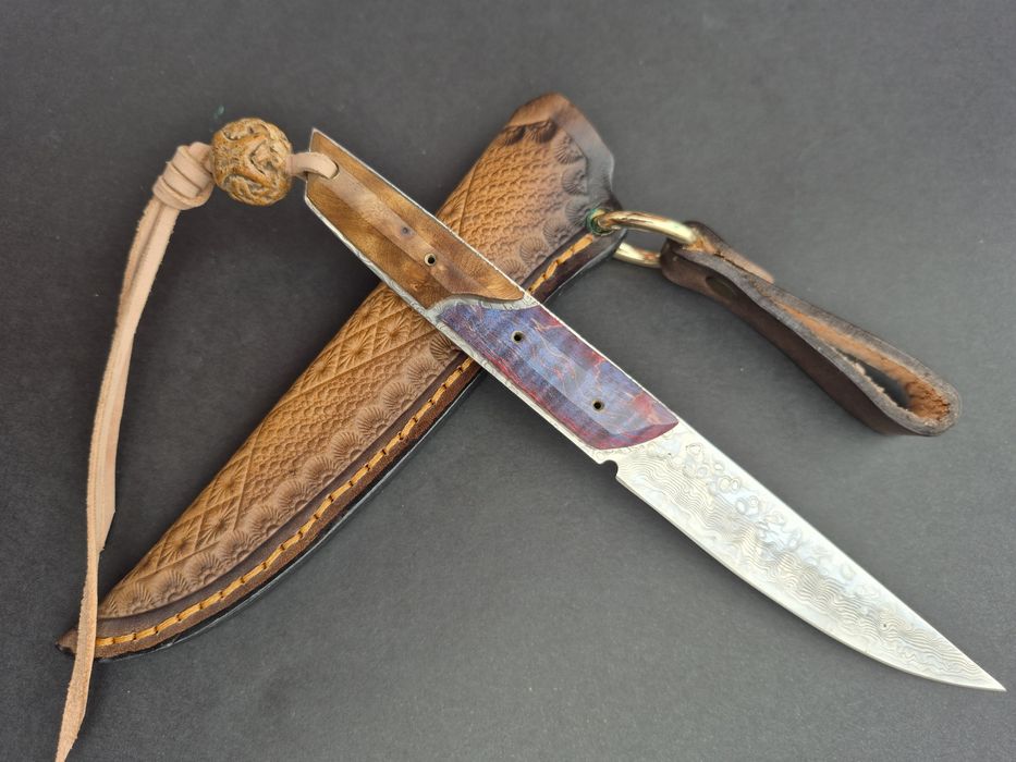 Компактен ловен нож,фултанг дамаска стомана с кожена кания, LN426