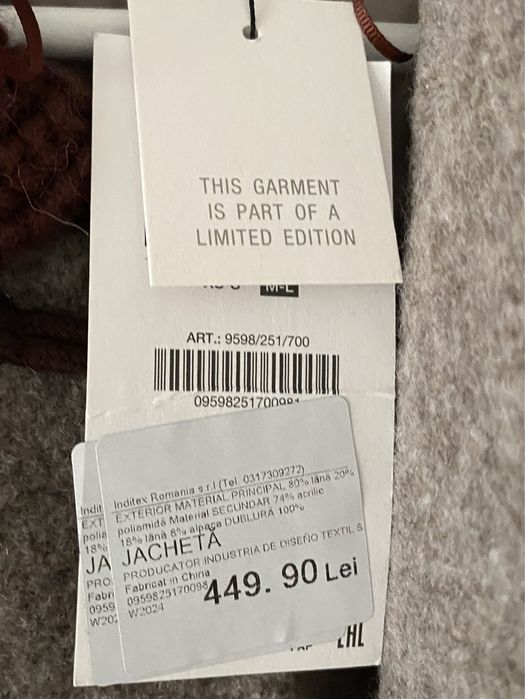 Jacheta palton Zara din lana, noua!