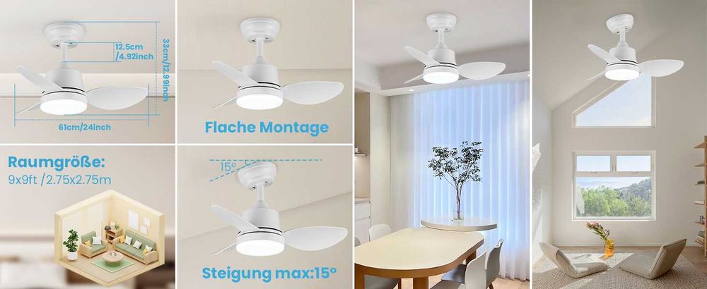 Ventilator de tavan cu iluminare și telecomandă, 61 cm,alb LED 1500 LM