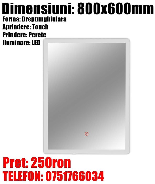 Oglinda Baie Led Smart Moderna Touch Senzor 60 x 80cm Margine Luminata