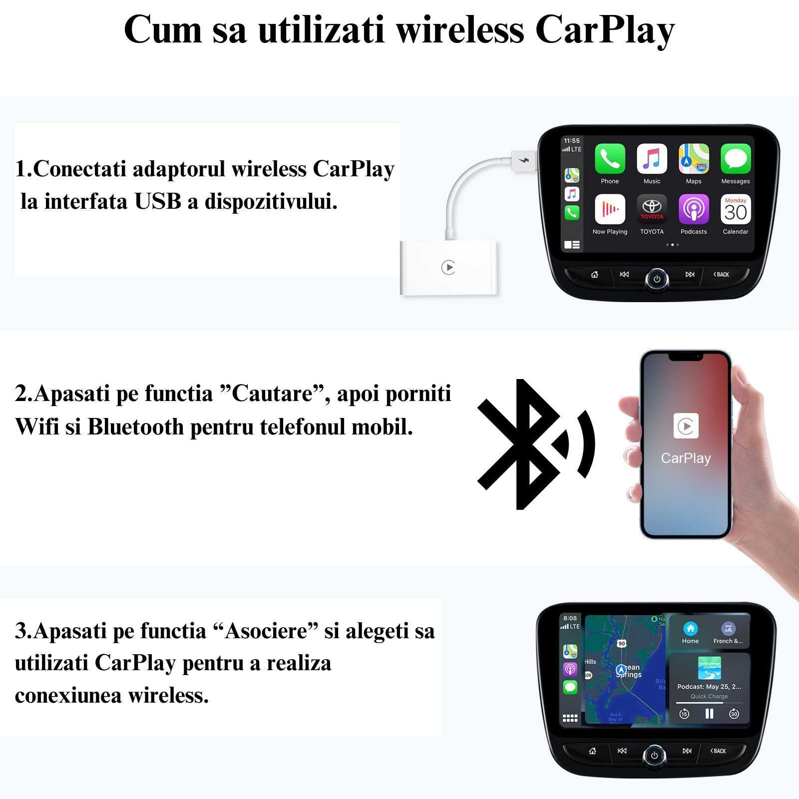 Modul Carplay wireless pentru playere cu Carplay dar prin cablu, IOS