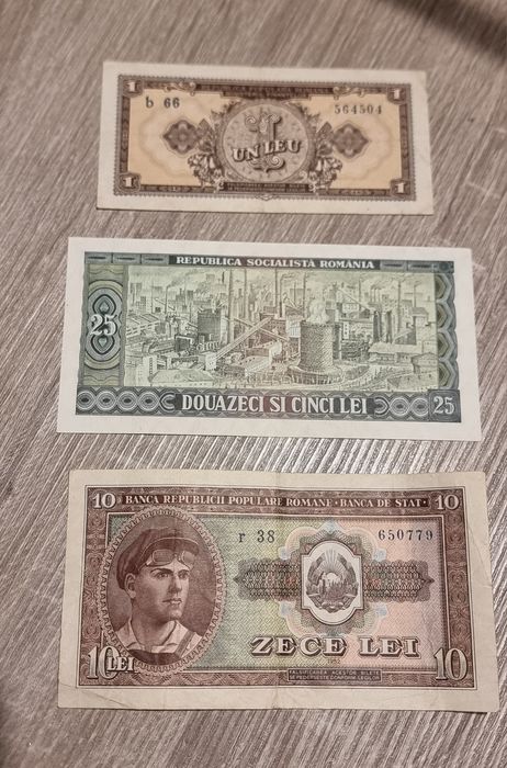 Lot de 3 bancnote vechi romanesti 1 leu 1952,10 lei 1952,25 lei 1966