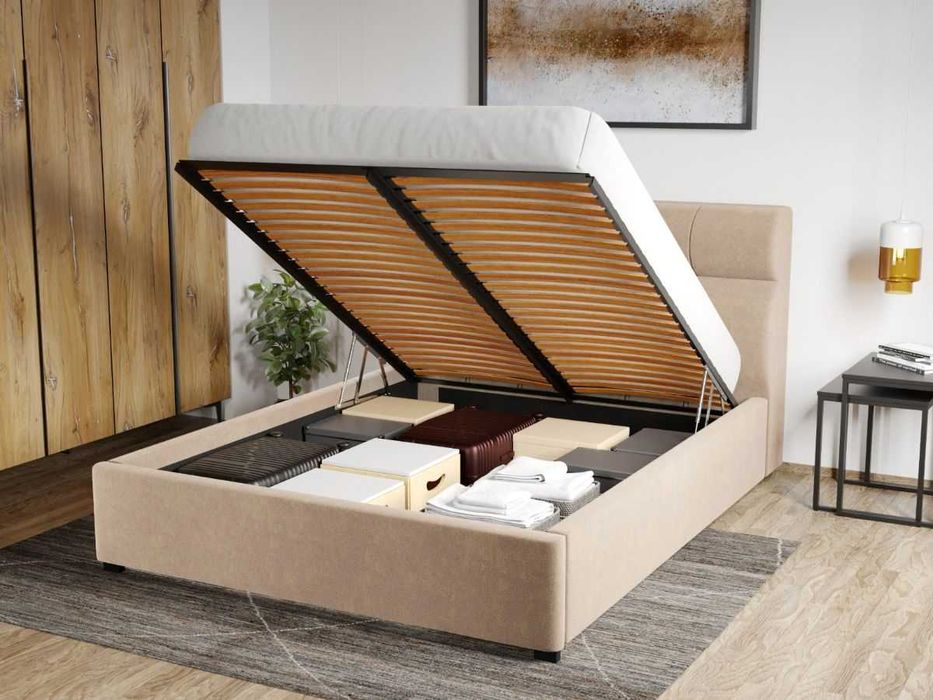 Pat Tapitat Galacto cu somiera rabatabila & lada de depozitare 160x200