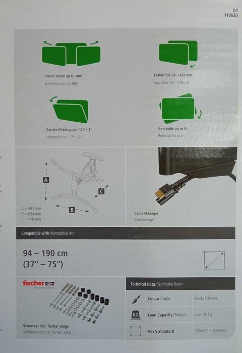 Поставка стойка TV HAMA 118620, 180°, 94~190 cm (37”~75”)