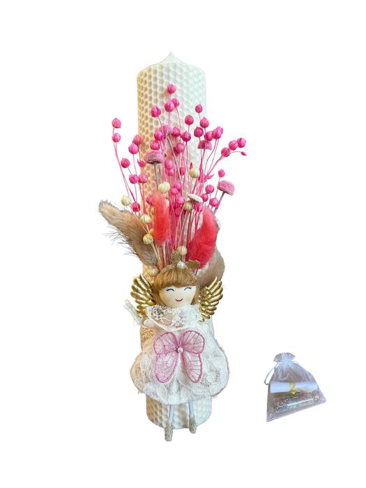 Lumanare de botez din ceara naturala decorata cu flori uscate si zane