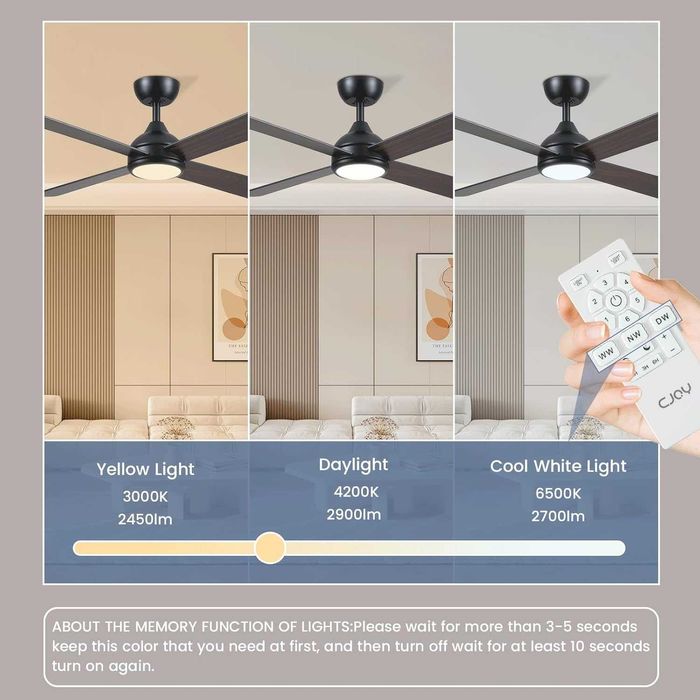 CJOY Безшумен таванен вентилатор с осветление 122 см