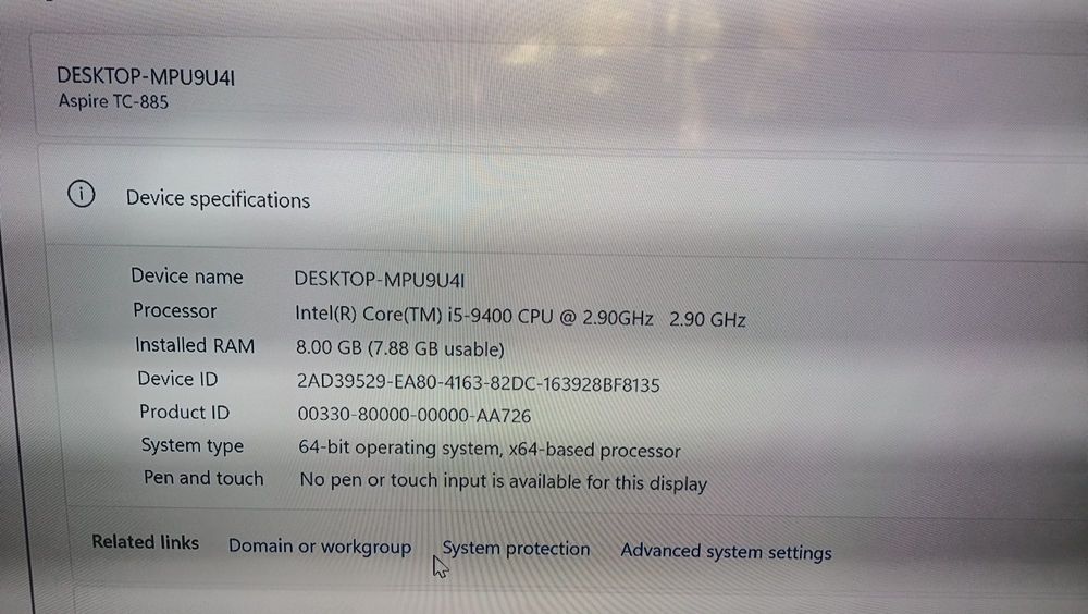 Acer Aspire TC-885 Core I5 9400