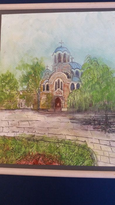 Славянска черква, рисувана с акварелни бои. В хубава бяла рамка.