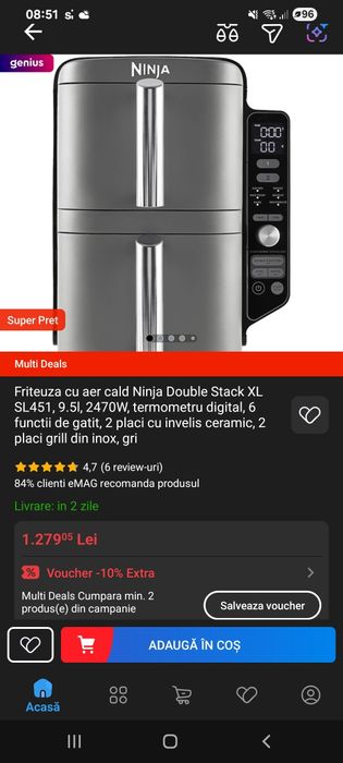 Airfryer Ninja DoubleStackXLSmartSL451, 2470W,9.5L, termometru6 funcți
