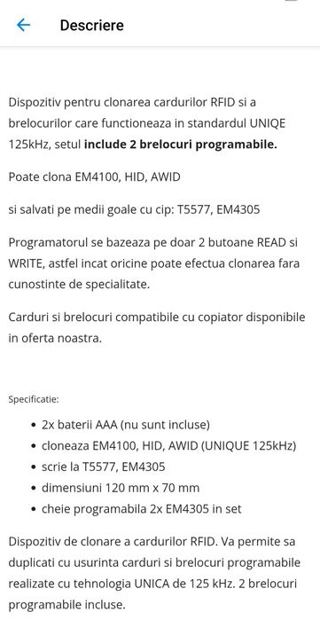 Copiator carduri/ cartele RFID pt interfon si 2 brelocuri programabile