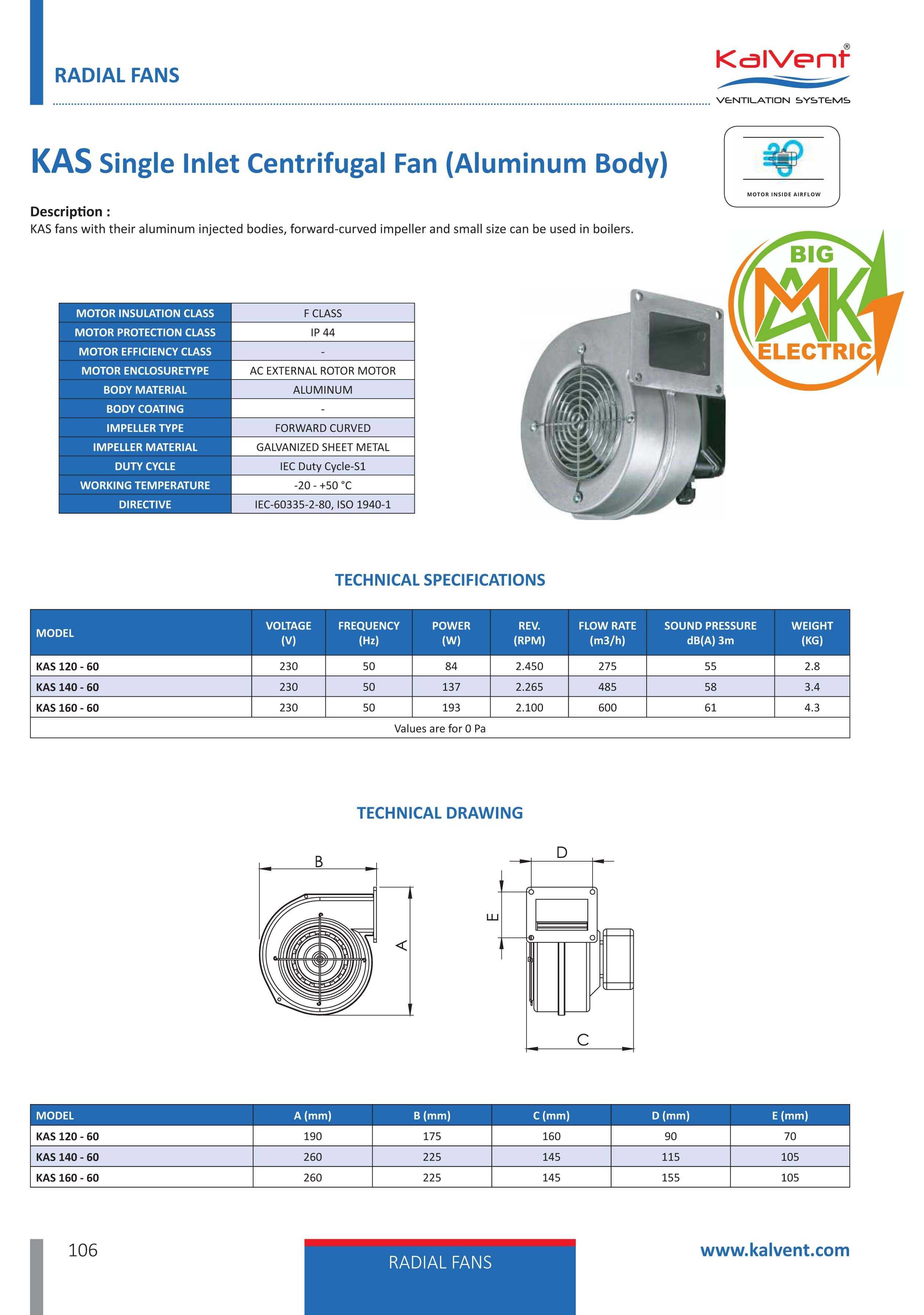 K-KAZ-140 Радиален Центробежен вентилатор тип "охлюв" ,вътрешен ротор,