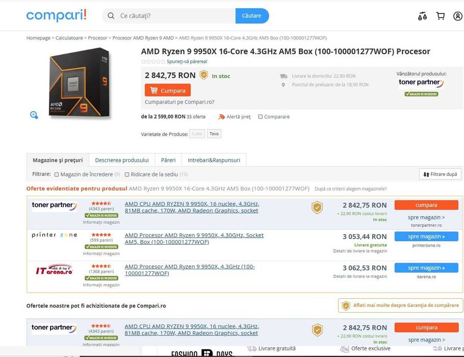 Procesor Ryzen 9 9950X – nou, sigilat – 5.7GHz, 32 thread-uri , nou