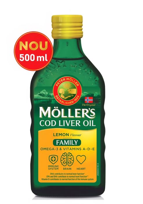 Moller's Cod Liver Oil Omega-3 Family, Aroma de lamaie, 500 ml