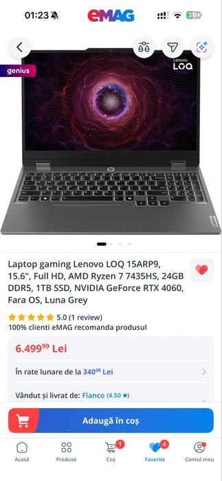 Laptop gaming Lenovo LOQ 15ARP9 Ryzen 7 RTX 4060 24gb ram SSD 1tb
