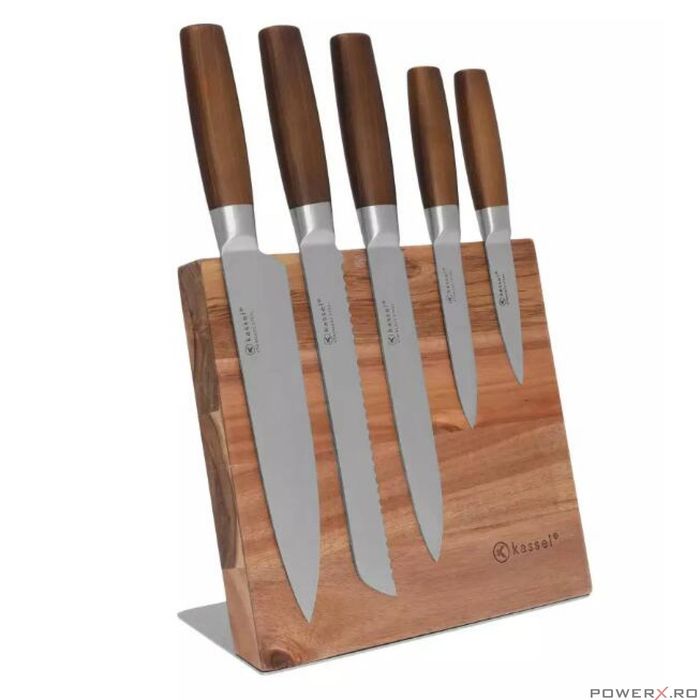 Set cutite din oțel inoxidabil, 6 piese, suport lemn cu placa