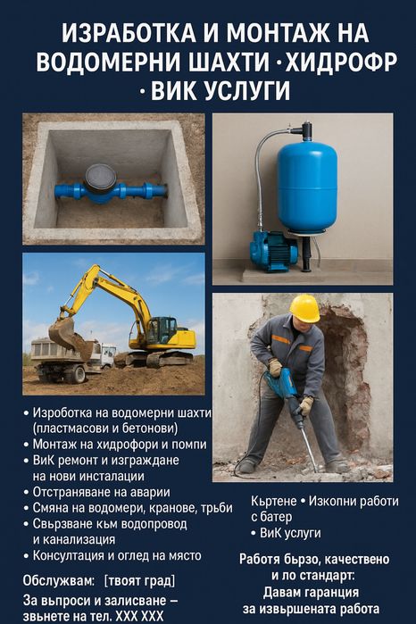 ВиК услуги • Водомерни шахти • Хидрофори • Багер и Самосвал