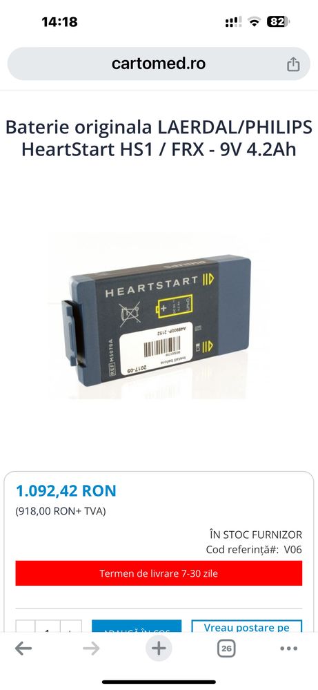 Baterie Originala Philips HearthStart HS1 9v 4,2 Ah