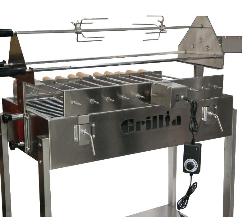 Grătar carbune BBQ FULL INOX 3 rotiserie in triunghi si 11 frigarui