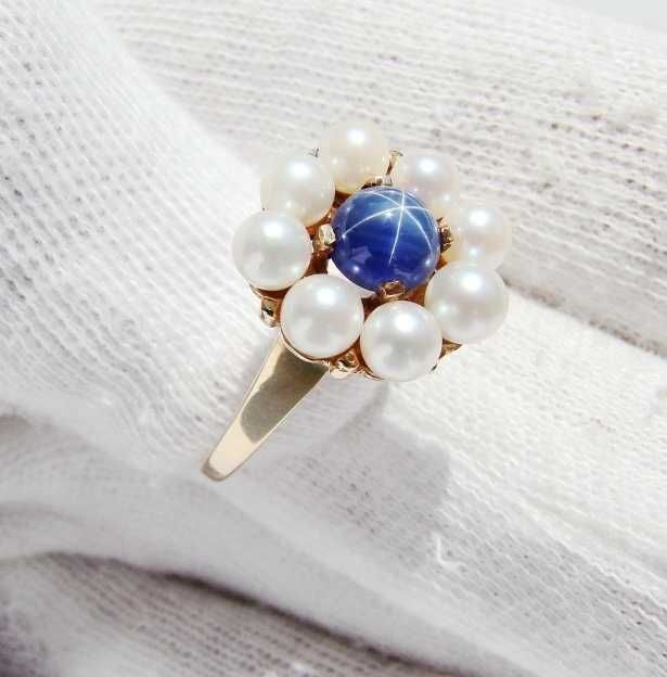 Inel Aur 14K Cu Perle Si Safir Stelat Floral