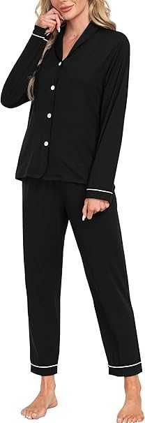 MoFiz Дълги пижами за жени, зимни меки пижами с дълъг ръкав и копчета