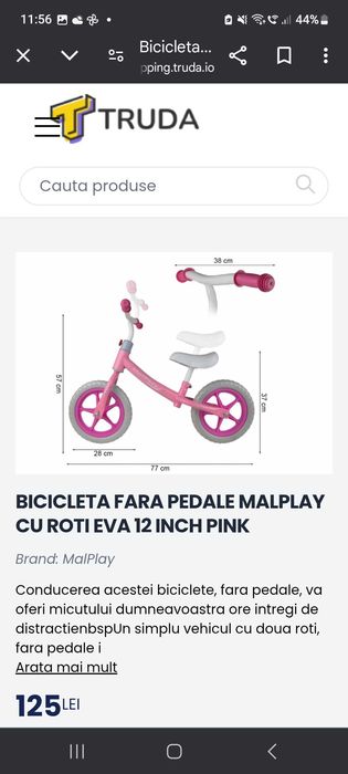 Vând bicicletă fără pedale roz, aproape noua, măsuță copil