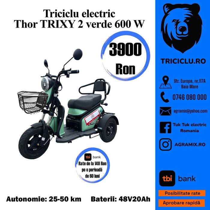 Tricicleta electrica fara permis tuk tuk electric Thor Trixy 2 Agramix