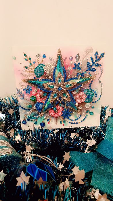 Felicitare de Crăciun stil mozaic cu diamante – handmade, 30x15 cm