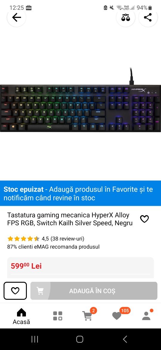 Tastatura gaming mecanica HyperX Alloy FPS RGB,  Kailh Silver Speed
