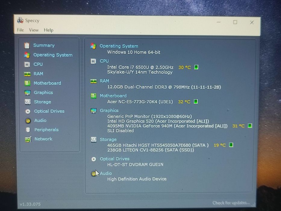 Laptop Gaming Acer E17 - i7-6500u/12gb/256gb + 500gb/Nvidia 940M 4GB